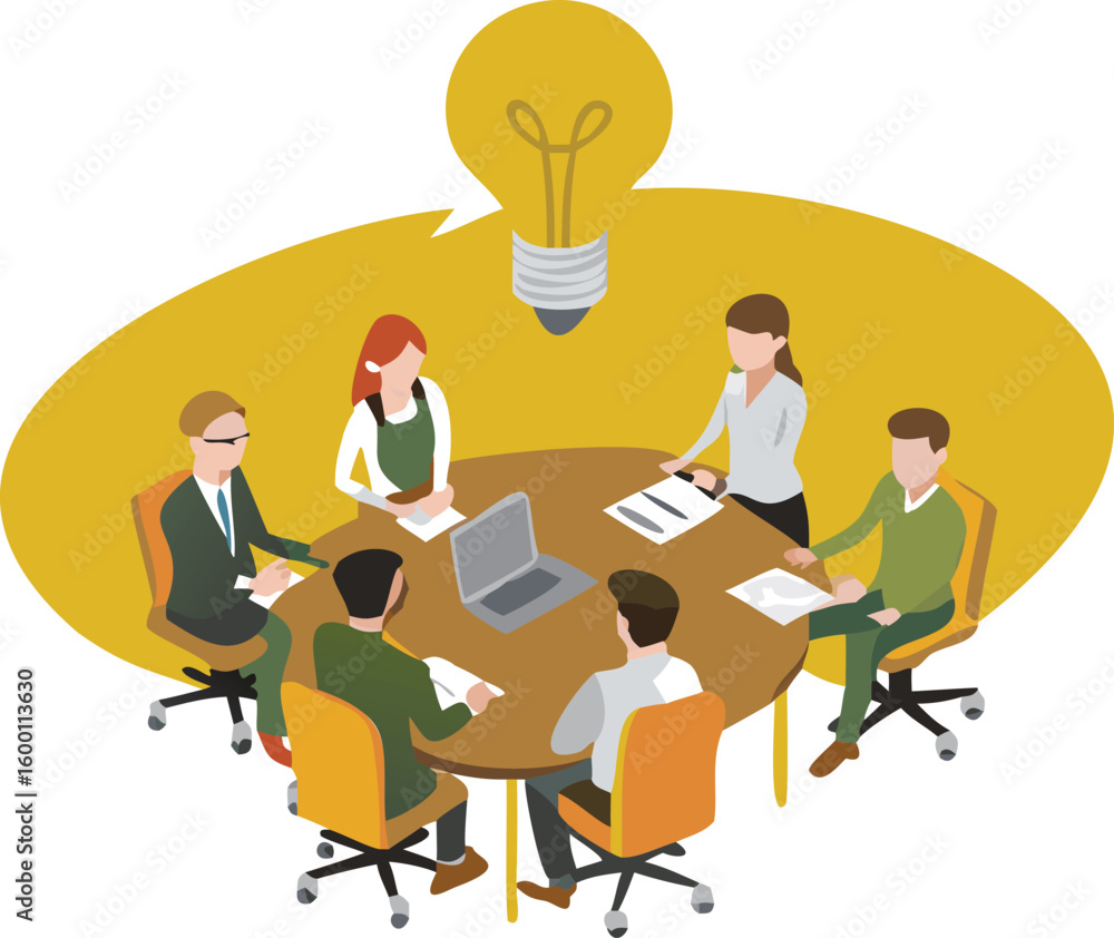 Poster isometric view of a business meeting with people around a table and a lightbulb idea above it