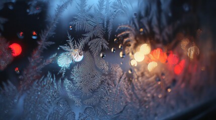 Frosty window with city lights