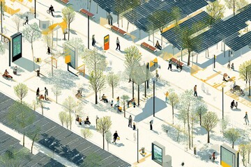Minimalist urban park with clean air, solar panels, and smart benches
