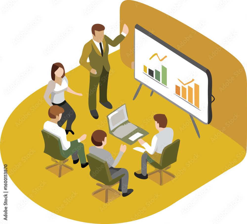 Poster isometric view of a business presentation with team members and a presenter near a graph display