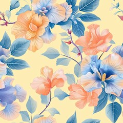 Vibrant seamless floral pattern featuring lush tropical blue leaves and delicate orange blossoms, perfect as botanical background for elegant design and illustration projects.