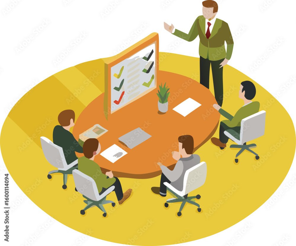 Poster isometric view of a business meeting with a presenter and attendees around a round table setup
