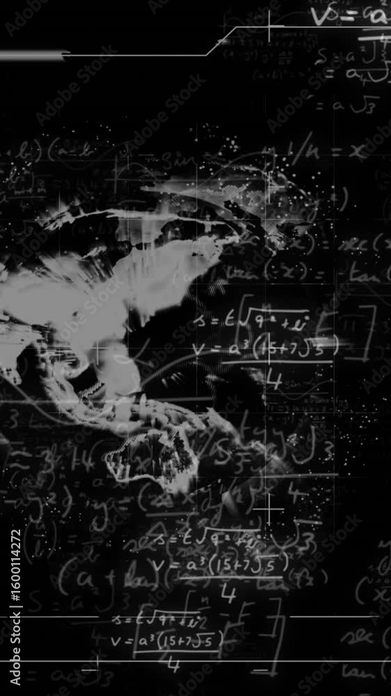 Poster animation of loading bars and globe with mathematical equation on black background
