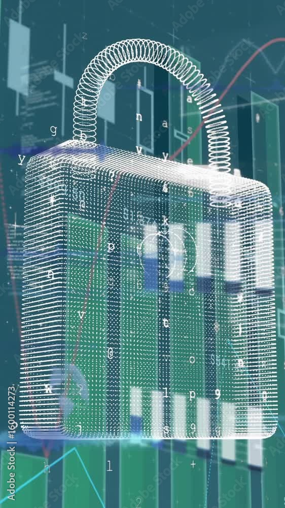 Aufkleber animation of data processing and padlock on blue background