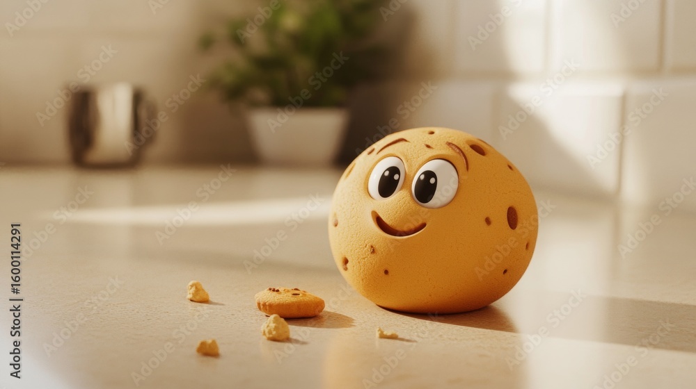 Poster this image features a cheerful cookie character with a happy expression resting on a kitchen counter
