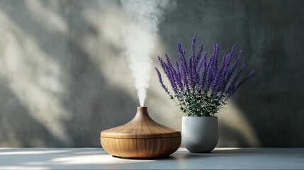 Wooden diffuser, lavender plant, steam rising