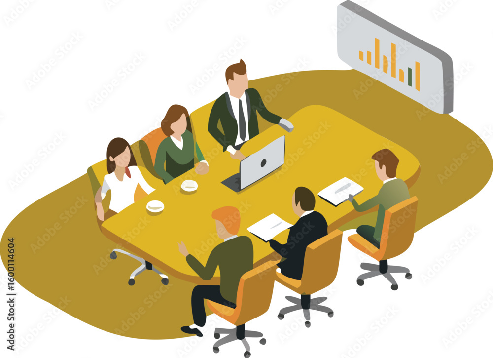 Poster isometric view of business meeting with six people at a table and a graph display behind them