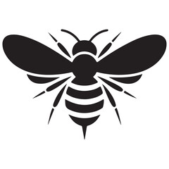 A detailed black and white graphic illustration of a bee with wings and striped body on a white background