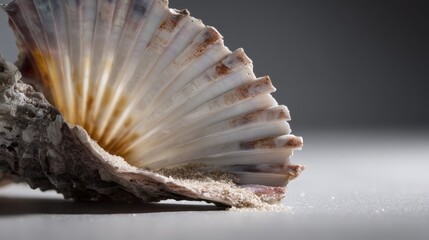 Fototapeta premium Closeup of a weathered seashell with intricate spiral patterns and pearlescent interior ridges, sand particles clinging to organic curves under studio lighting, capturing detailed textures and natura