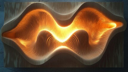 Wooden panel with intricate, wavy design, lit from within