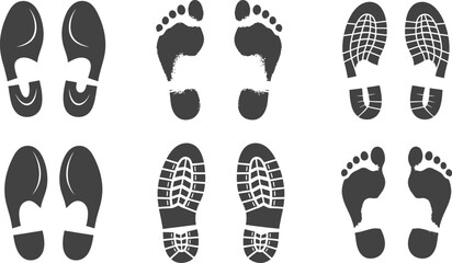 Collection of six distinct footprint and shoe print icons in dark gray on a white background.