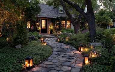 Fototapeta premium Cottage Path Lit At Dusk For Outdoor Living; Landscaped Yard In A Quaint Background