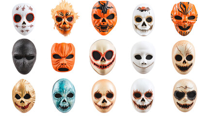 • A collection of festive Halloween masks, isolated on white background in HD 