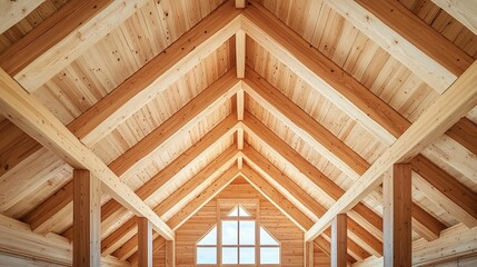 Wooden roof trusses and beams, interior view