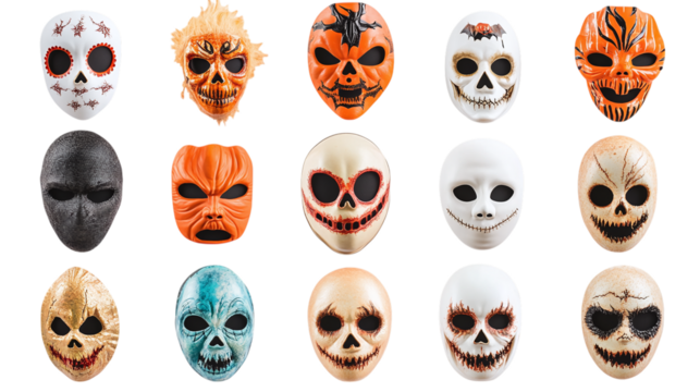 • A collection of festive Halloween masks, isolated on white background in HD 