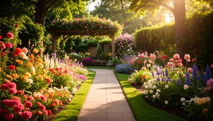 Fototapeta premium A sun-drenched garden path lined with vibrant flowers