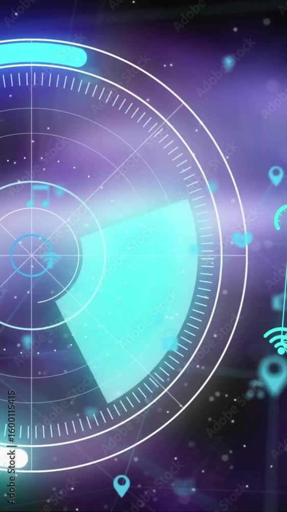 Poster animation of network of connections with icons over scope scanning on black background
