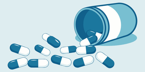 Colorful Pills and Capsules on Blue Background, Top-Down View