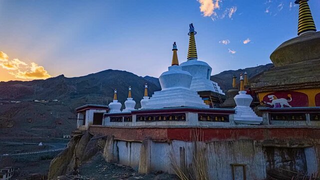 Time lapse stunning sunset over the Lamayuru Monastery. Yuru Monastery is a Tibetan Buddhist monastery in Lamayouro, Leh district, Ladakh, India. It is situated on the Srinagar-Leh highway