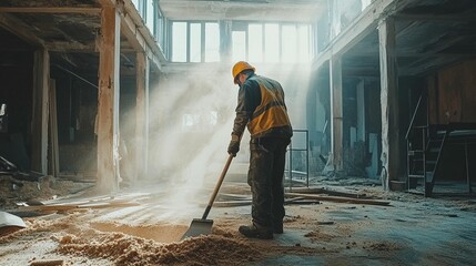 Worker sweeping sawdust in an industrial building