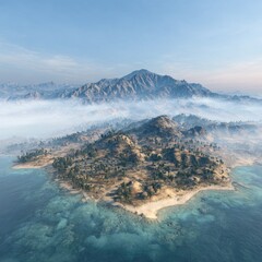 Misty island, coastal terrain, hazy mountains in background, turquoise water