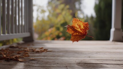 Autumn leaf falling on porch