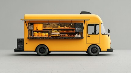 Yellow food truck, stocked with baked goods and drinks