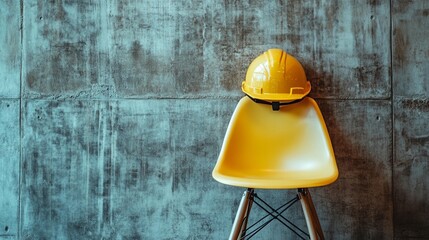 Yellow hard hat on a yellow chair against a textured concrete wall