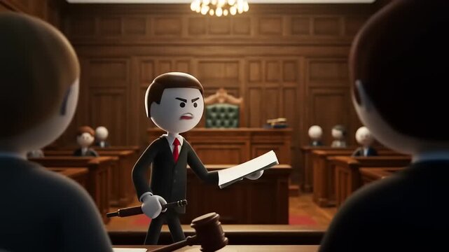 Animated courtroom scene depicting a confident lawyer presenting a case in front of a judge and audience