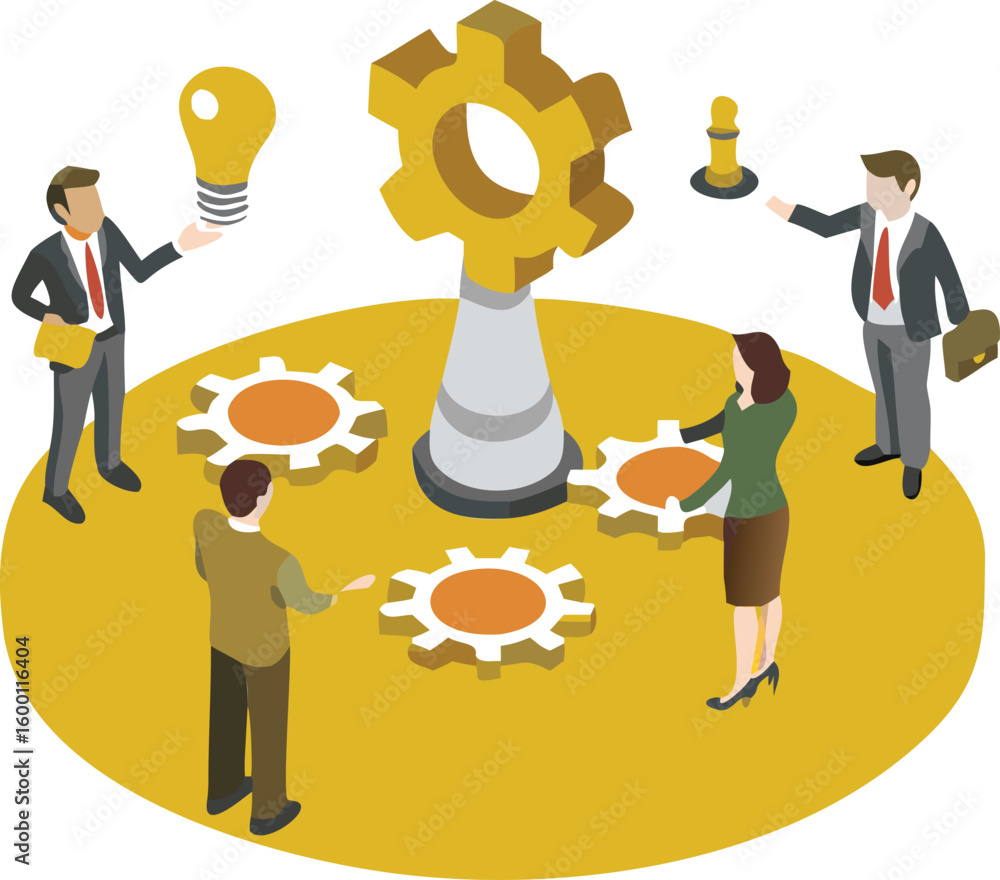 Poster isometric illustration of business team collaborating with gears and lightbulb idea on a yellow back