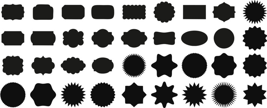 A comprehensive collection of various black label shapes, silhouetted against a white background. The collection features a wide array of designs, including rectangles with rounded corners, ovals, cir - Powered by Adobe