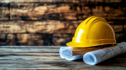 Yellow safety helmet atop rolled blueprints on a wooden table, against a rustic background