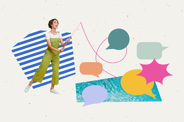 Exclusive magazine picture sketch collage image of happy girl hold fishing rod catch bubble...