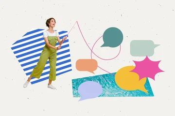  Exclusive magazine picture sketch collage image of happy girl hold fishing rod catch bubble communication chat river summer © deagreez