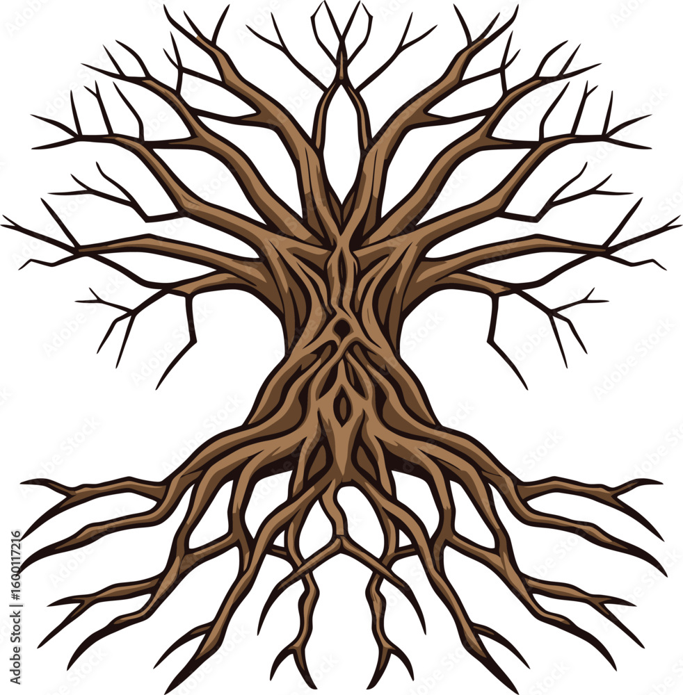 Poster stylized vector illustration of a bare tree with intricate roots and branches against a white backgr
