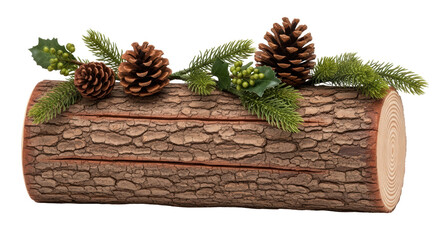 Isolated Log with Pine Cones and Holly