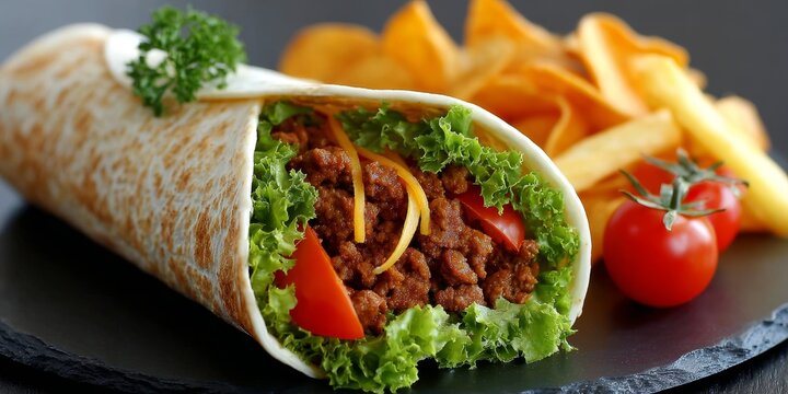 Delicious Gourmet Taco Wraps Served with Crispy Nachos, Colorful Tomatoes, and Flavorful Taco Fries