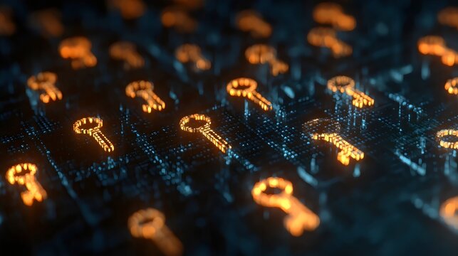 Abstract representation of digital security with glowing key icons amidst a technological background.