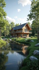 Obraz premium A serene wooden house nestled beside a tranquil waterway.