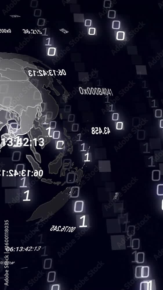 Poster animation of data processing and binary coding over globe