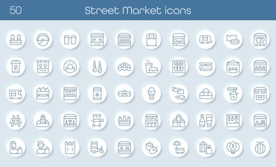Collection of line icons for street market and food stalls. Includes snacks, drinks, fruits, burgers, vendors, food trucks, kiosks, and market stands. Perfect for food, travel, and festival themes.