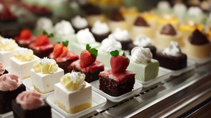 Colorful pastry display with assorted cakes and desserts inside a glass case illuminated by soft lighting, showcasing vibrant textures and delicate decorations, perfect for bakery or dessert shop amb