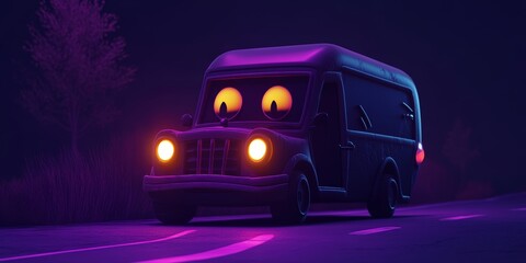 A whimsical cartoon-style van with large glowing eyes drives along a winding road at night, creating a fun and mysterious atmosphere perfect for storytelling.