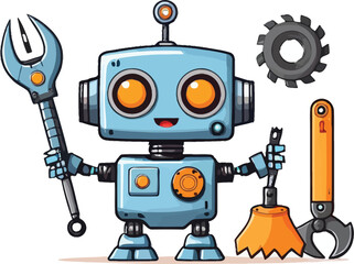 Cartoon Robot Mascot Illustration A Cheerful Blue Robot Cartoon Character Stands Ready For Repairs And Maintenance With Tools Set Against A Clean White Background