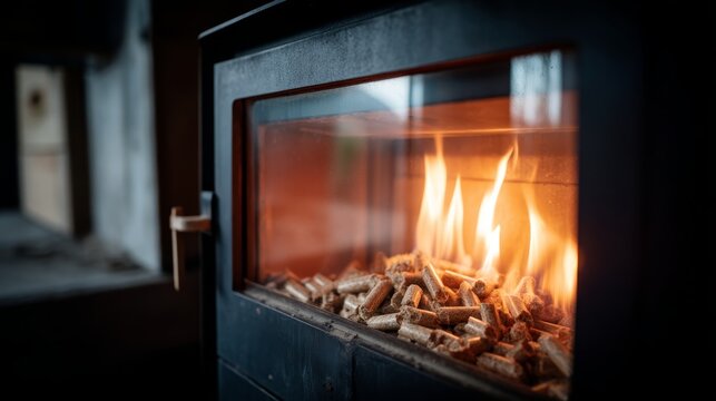 Cozy warm glow viewed through glass window of pellet stove with flickering flames and burning wood pellets in a modern environment with copy space on the right