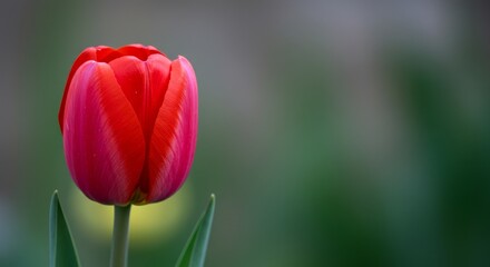 Fototapeta premium Single Red Tulip Blossom - Close-up of a vibrant red tulip, petals slightly unfurled, against a blurred green background. Spring bloom