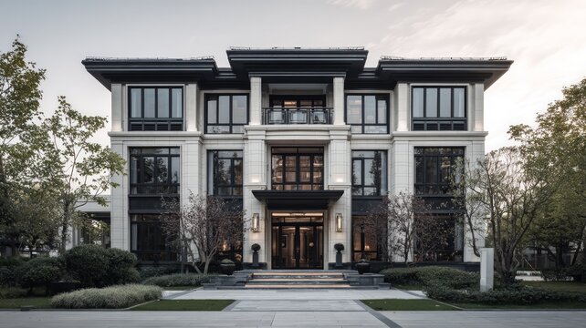 Elegant modern mansion amid lush greenery at dusk. Artificial intelligence image