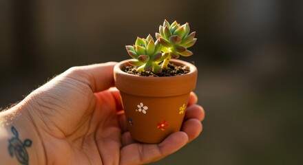 Small Succulent in Decorated Pot - A hand holds a tiny terracotta pot with a small succulent plant, decorated with colorful flowers