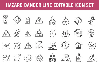 Hazard danger editable icon set. notice, warn, explosion, stop, precaution, bomb, siren, stumble, radioactive, death, electrical, shock, hot danger, warning sign etc.