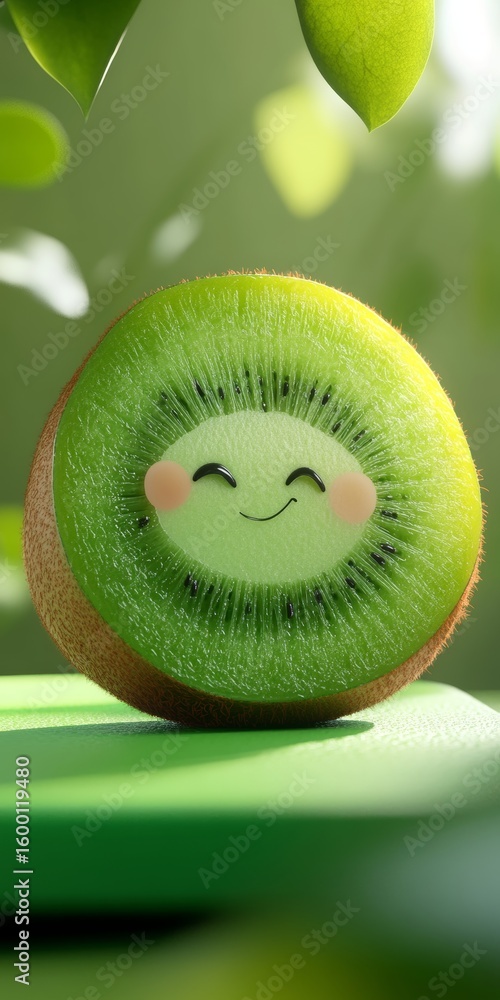 Poster this charming image features a happy cartoon kiwi slice with a smiling face, set against a backdrop 